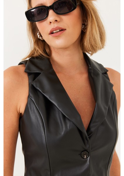 Kadın Kruvaze Yaka Deri Yelek modelleri