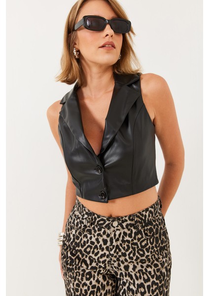 Kadın Kruvaze Yaka Deri Yelek fırsatları