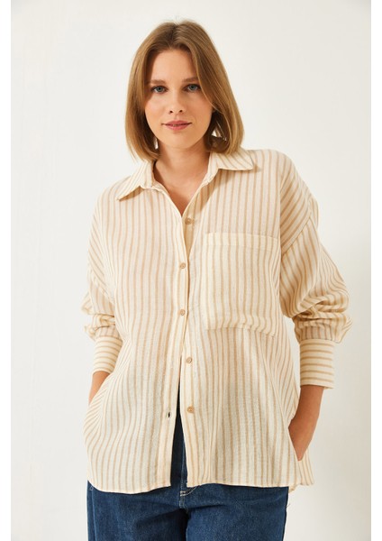 Kadın Çizgili Tek Cepli Oversize Gömlek