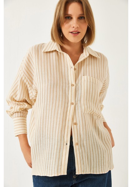Kadın Çizgili Tek Cepli Oversize Gömlek fiyatları