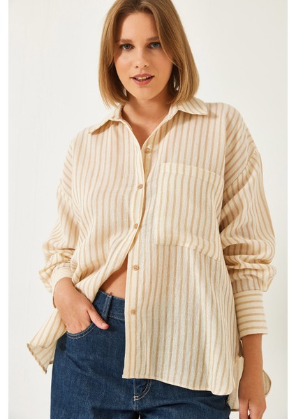 Kadın Çizgili Tek Cepli Oversize Gömlek modelleri
