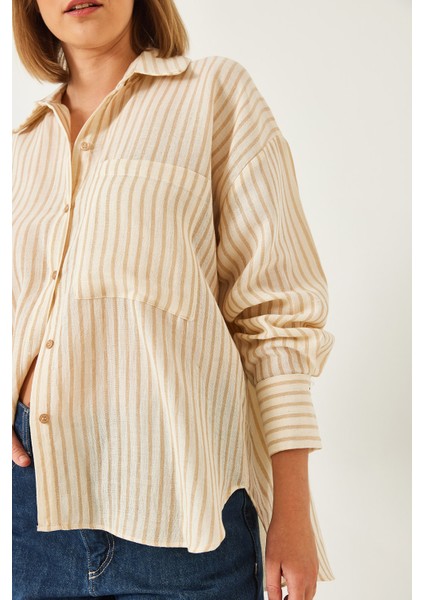 Kadın Çizgili Tek Cepli Oversize Gömlek fırsatları