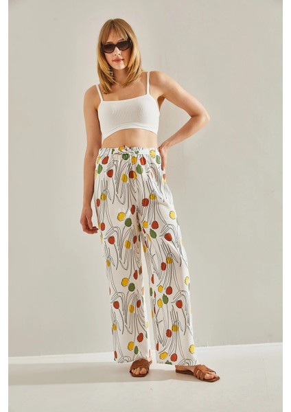 Kadın Desenli Beli Lastikli Bağlamalı Dökümlü Keten Palazzo Pantolon