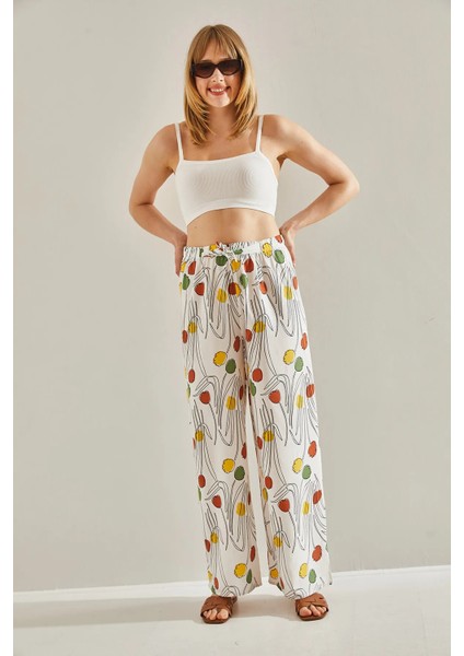 Kadın Desenli Beli Lastikli Bağlamalı Dökümlü Keten Palazzo Pantolon fiyatları