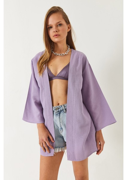 Kadın Keten Dokulu Kısa Basic Kimono