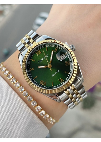 İç Kadran Yeşil Renk Takvimli Kadın Kol Saati