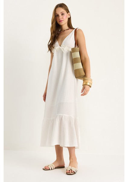 Kadın V Yaka Bağlama Detaylı Astarlı Müslin Elbise