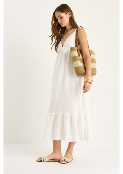 Kadın V Yaka Bağlama Detaylı Astarlı Müslin Elbise modelleri