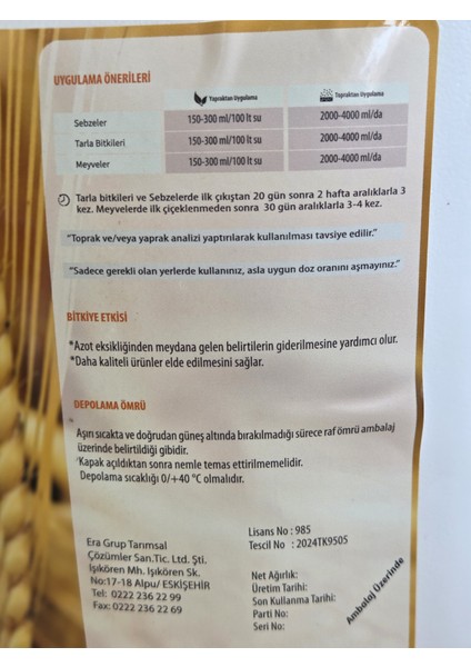 Sigma N Azot,amonyum, Nitrat Içerikli Sıvı Azot Gübre 5kg fiyatları