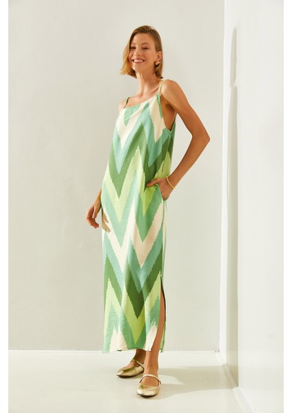 Kadın Ip Askılı Yırtmaçlı Desenli Fr Elbise modelleri