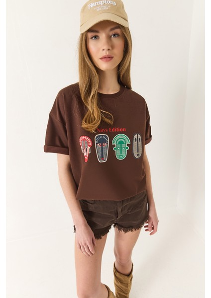 Kadın Baskılı Oversize Kısa Kollu Basic T-Shirt