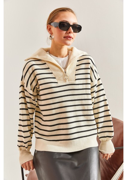 Kadın Çizgili Fermuarlı Triko Kazak