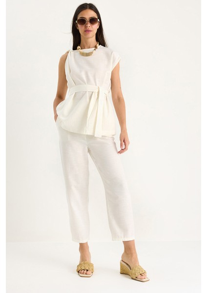 Kadın Omuz Düğüm Detaylı Kuşaklı Keten Alt-Üst Takım