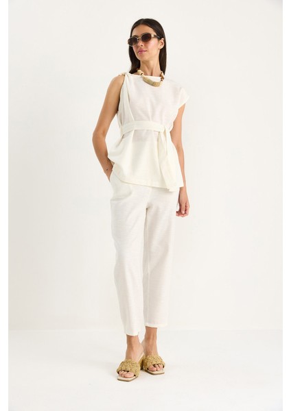 Kadın Omuz Düğüm Detaylı Kuşaklı Keten Alt-Üst Takım fiyatları