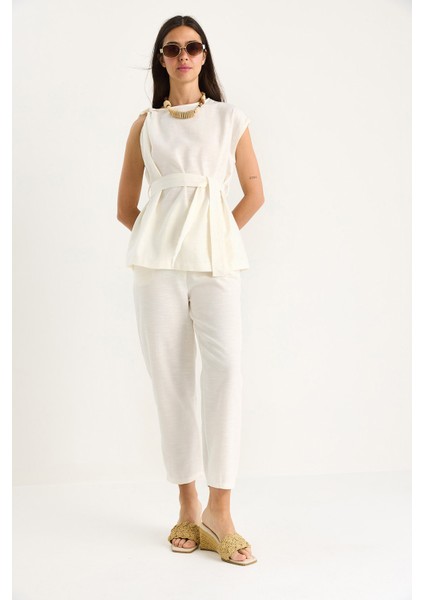 Kadın Omuz Düğüm Detaylı Kuşaklı Keten Alt-Üst Takım modelleri