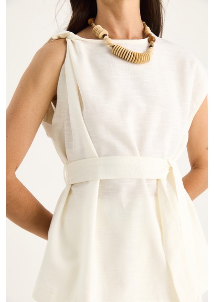 Kadın Omuz Düğüm Detaylı Kuşaklı Keten Alt-Üst Takım indirimleri