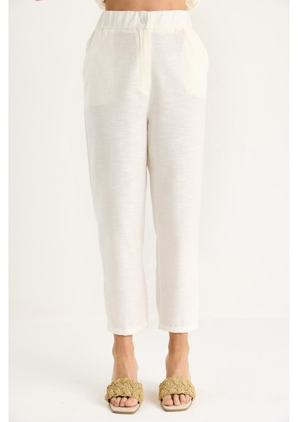 Kadın Omuz Düğüm Detaylı Kuşaklı Keten Alt-Üst Takım