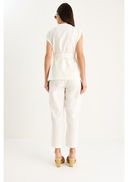 Kadın Omuz Düğüm Detaylı Kuşaklı Keten Alt-Üst Takım