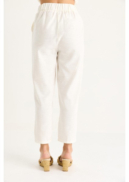 Kadın Omuz Düğüm Detaylı Kuşaklı Keten Alt-Üst Takım