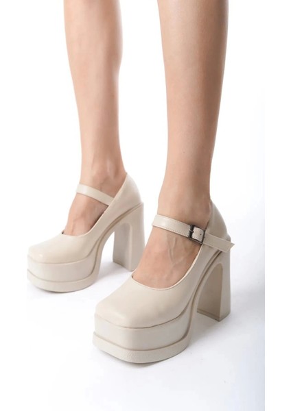 Kadın Napoli Krem Cilt Tek Baretli (12 cm ) Platform Topuklu Ayakkabı modelleri