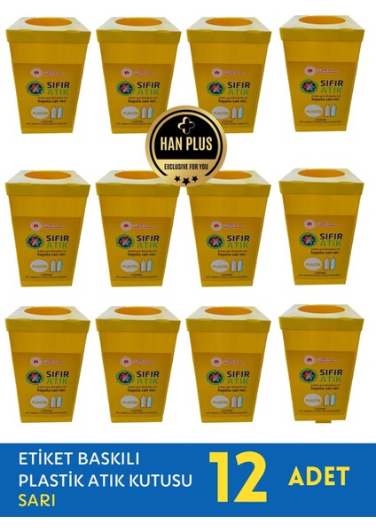 Sıfır Atık Kutusu – Etiketli Plastik Atık Geri Dönüşüm Kutusu (Sarı) - 3 SET TOPLAM 12 ADET