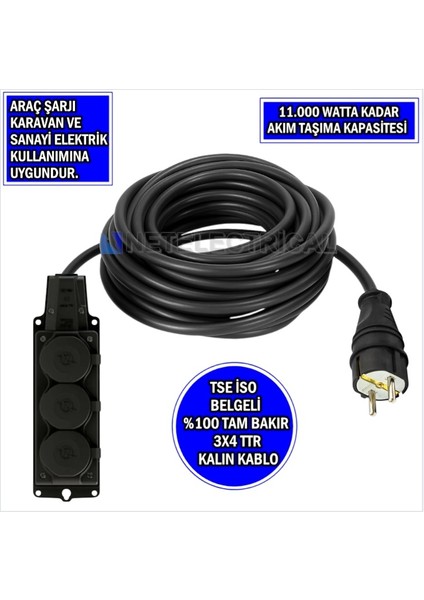 3'lü 1 Metre | 3x4 Ttr Tam Bakır Kalın Kablolu | Monofaze Kauçuk Grup Priz