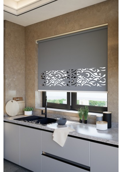 Lazer Kesim Mat Stor Perde, Lazer Kesimli Klasik Serisi, C-8005 Gri Renk