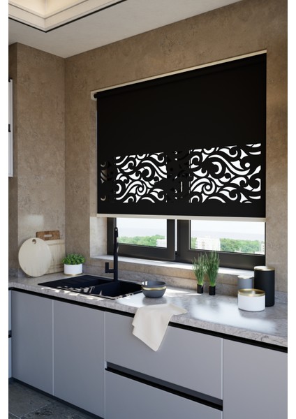 Lazer Kesim Mat Stor Perde, Lazer Kesimli Klasik Serisi, C-8008 Siyah Renk