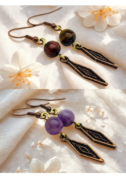 Kaplan Gözü & Ametist Doğal Taşlı 2'li Küpe Seti