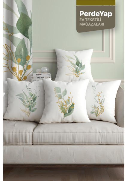 Sade Modern Tasarımlı Yeşil Yapraklar Desenli 4lü Dijital Baskılı Kırlent Yastık Kılıfı Krem 43X43 cm 005