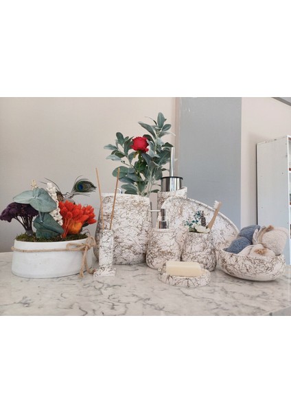 11 Parça Mermer Desenli Beton Banyo Seti Katı Sıvı Sabun Çöp Kovası Tuvalet Fırçası Tepsi Tütsülük modelleri