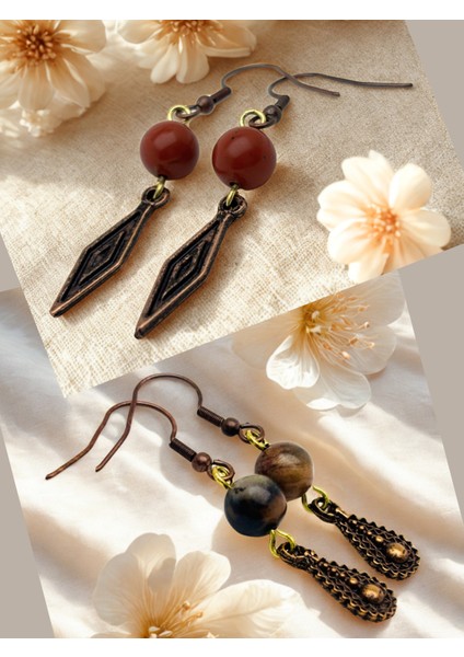 Jasper & Rodonit Doğal Taşlı 2'li Küpe Seti