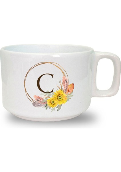 Çiçek Desenli C Harfi Baskılı Beyaz Seramik Kahve Kupası