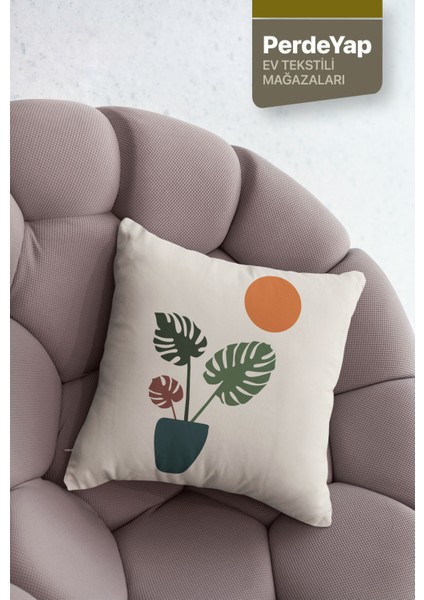 Renkli Tropikal Vazo ve Yaprak Desenli 4'lü Dijital Baskılı Kırlent Kılıfı 43 x 43 cm Krem fırsatları