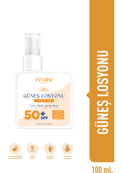 Güneş Losyonu 50+ SPF 100 ml Tüm Cilt Tipleri için Etkili Nemlendirici