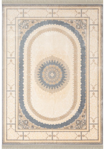 Imperial Luxe IL002M Krem Gri Çerçeveli Göbekli Halı Klasik Desen 100 Tarak Bambu Viskon Ipek Serisi