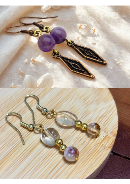 Ametist & Sitrin Doğal Taşlı 2'li Küpe Seti