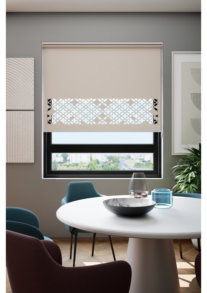 Lazer Kesim Mat Stor Perde, Lazer Kesimli Klasik Serisi, C-131003 Açık Kahverengi