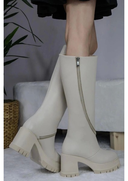 Kadın Carina Krem Cilt Döner Fermuarlı 8 cm Platform Topuklu Diz Altı Çizme modelleri