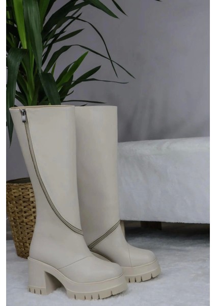 Kadın Carina Krem Cilt Döner Fermuarlı 8 cm Platform Topuklu Diz Altı Çizme fırsatları