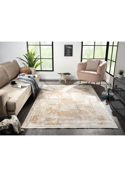 Merit MR003S Krem Halı Gold Detaylı Ince Yumuşak Akrilik Tozuaz Modern Salon Halısı Koridor Halısı modelleri