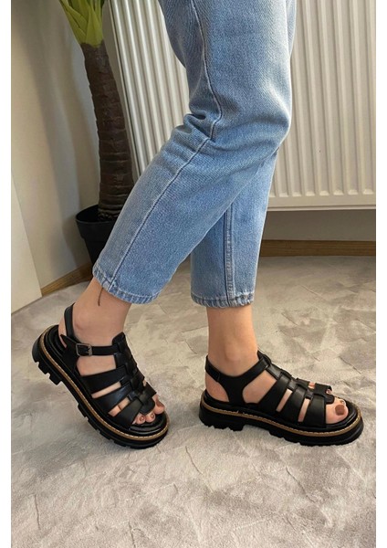 Kadın Desma Siyah Kafes Model Vardola Deyatlı Kalın Taban Ortopedik Sandalet K-140 fırsatları