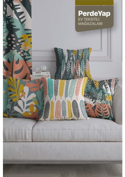 Renkli Tüyler Desenli 4lü Dijital Baskılı Kırlent Kılıfı 002