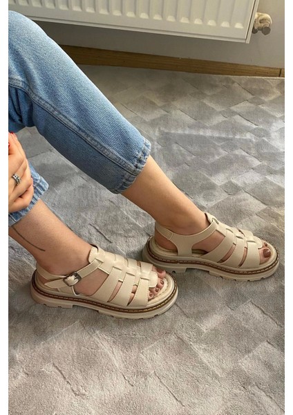 Kadın Desma Bej Kafes Model Vardola Deyatlı Kalın Taban Ortopedik Sandalet K-140