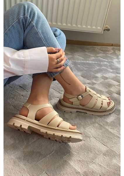 Kadın Desma Bej Kafes Model Vardola Deyatlı Kalın Taban Ortopedik Sandalet K-140 modelleri