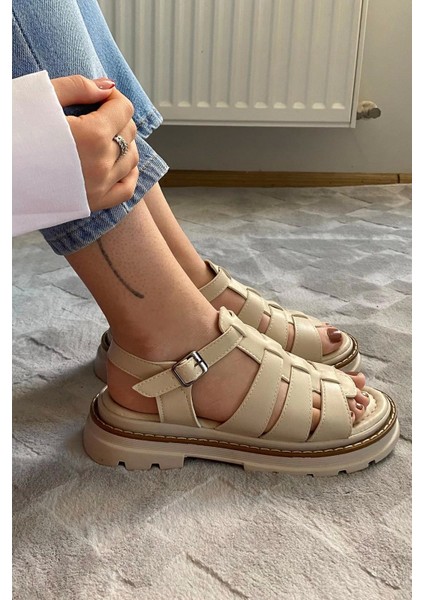 Kadın Desma Bej Kafes Model Vardola Deyatlı Kalın Taban Ortopedik Sandalet K-140 indirimleri