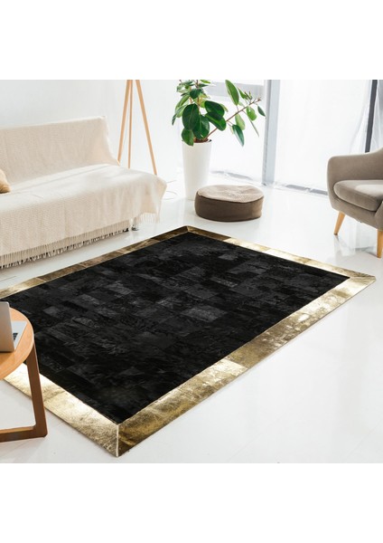Siyah Altın Renkli Dana Derisi Patchwork Halı – El Yapımı Hakiki Deri Lüks Giriş Halısı
