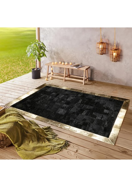 Siyah Altın Renkli Dana Derisi Patchwork Halı – El Yapımı Hakiki Deri Lüks Giriş Halısı fiyatları