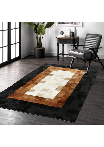 Bej Kahverengi Siyah Patchwork Dana Derisi Halı – El Yapımı Hakiki Deri Lüks Salon Halısı