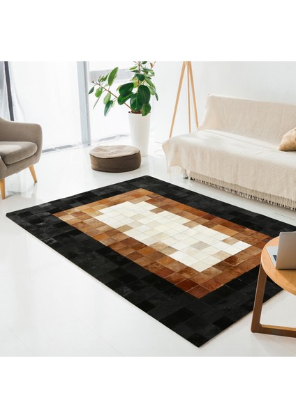 Bej Kahverengi Siyah Patchwork Dana Derisi Halı – El Yapımı Hakiki Deri Lüks Salon Halısı fiyatları